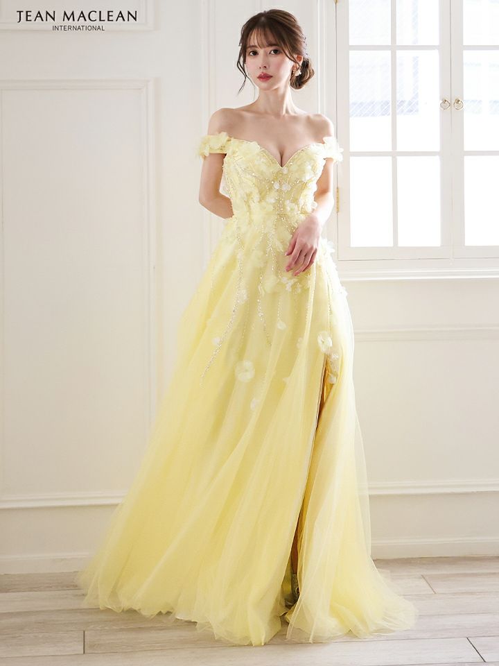 JEAN MACLEAN ジャンマクレーン ショルダ立体フラワーモチーフ/ビジュー/オフショル/スリット入り/姫/ロングドレス ja51844