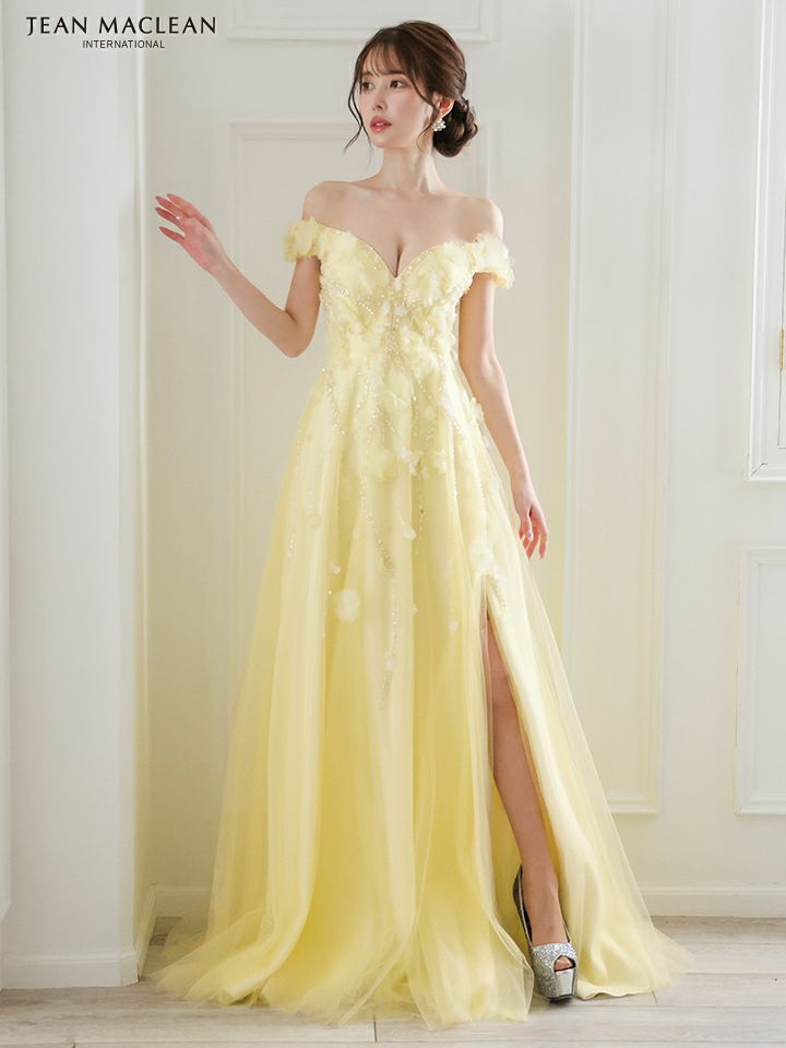 JEAN MACLEAN ジャンマクレーン ショルダ立体フラワーモチーフ/ビジュー/オフショル/スリット入り/姫/ロングドレス ja51844