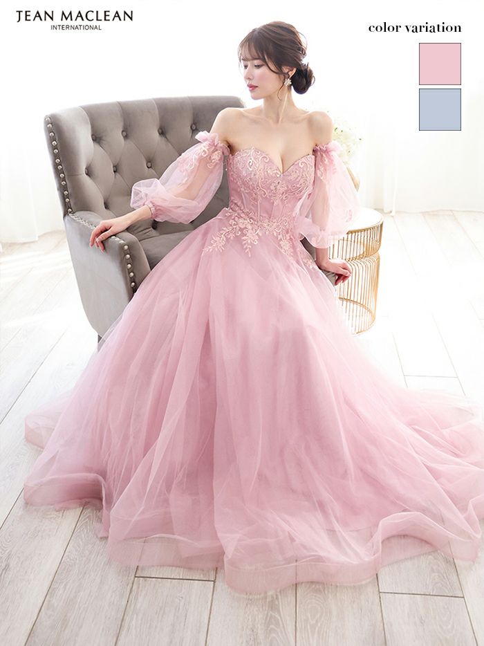 JEAN MACLEAN ジャンマクレーン ワンカラー/オーロラスパンコール/パフスリーブ/オフショル/姫/ロングドレス 【袖取り外し可能】 ja51847