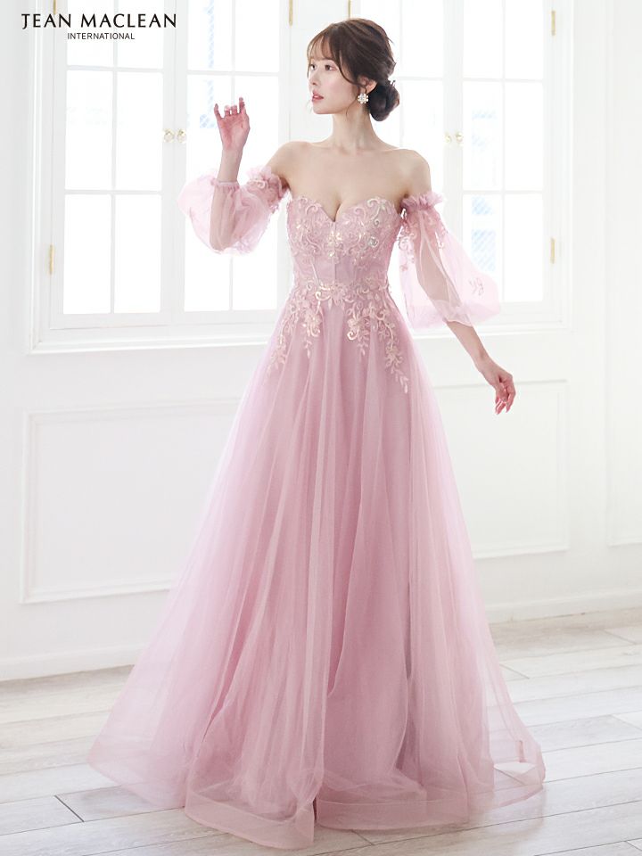 JEAN MACLEAN ジャンマクレーン ワンカラー/オーロラスパンコール/パフスリーブ/オフショル/姫/ロングドレス 【袖取り外し可能】 ja51847