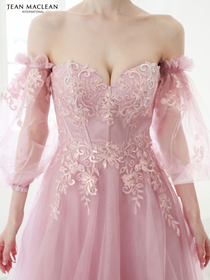 JEAN MACLEAN ジャンマクレーン ワンカラー/オーロラスパンコール/パフスリーブ/オフショル/姫/ロングドレス 【袖取り外し可能】 ja51847