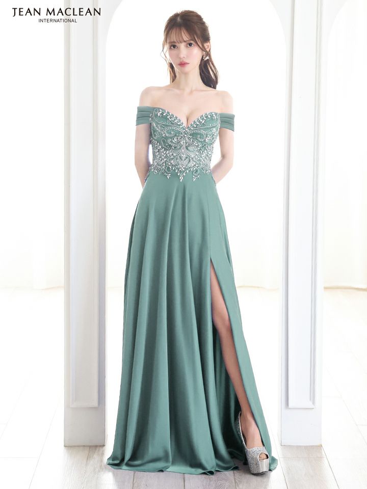JEAN MACLEAN ジャンマクレーン サテン/オフショル/ビジュー/Aライン/スリット入り/ロングドレス ja51843