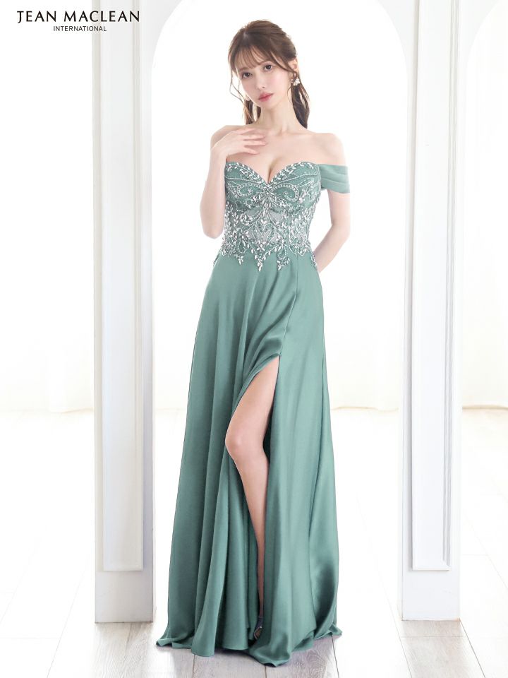 JEAN MACLEAN ジャンマクレーン サテン/オフショル/ビジュー/Aライン/スリット入り/ロングドレス ja51843