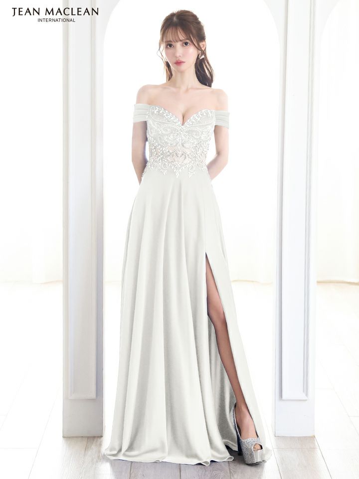 JEAN MACLEAN ジャンマクレーン サテン/オフショル/ビジュー/Aライン/スリット入り/ロングドレス ja51843