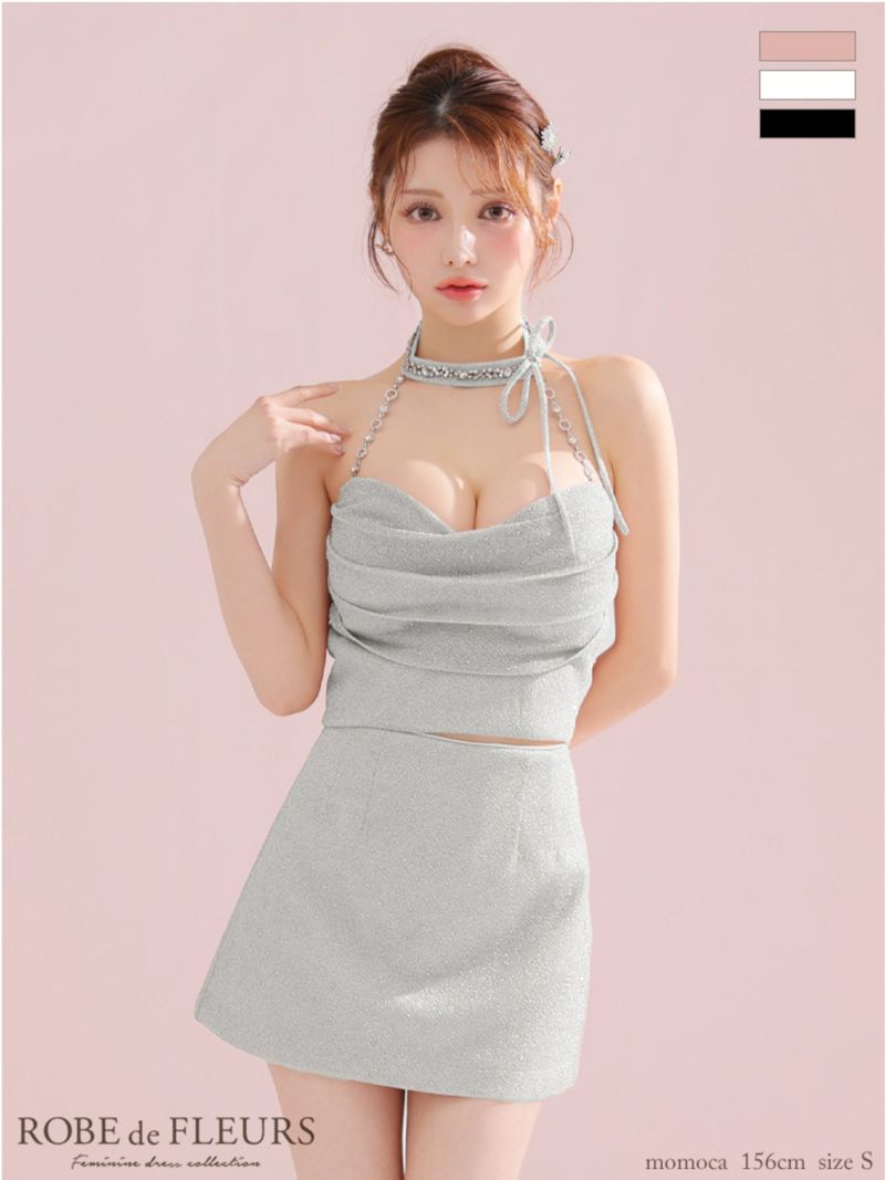  ROBE de FLEURS ローブドフルール ラメニットリボンホルターセットアップタイトミニキャバドレス fm3772-c