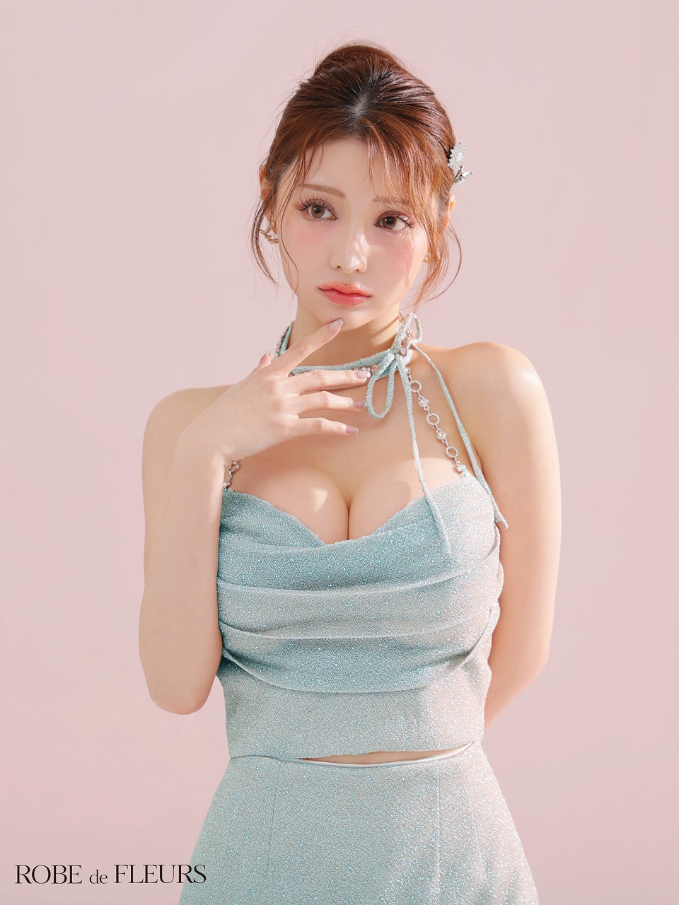  ROBE de FLEURS ローブドフルール ラメニットリボンホルターセットアップタイトミニキャバドレス fm3772-c