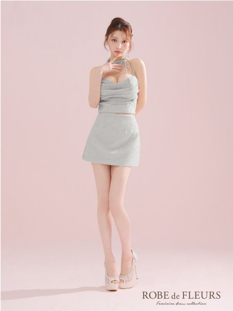  ROBE de FLEURS ローブドフルール ラメニットリボンホルターセットアップタイトミニキャバドレス fm3772-c