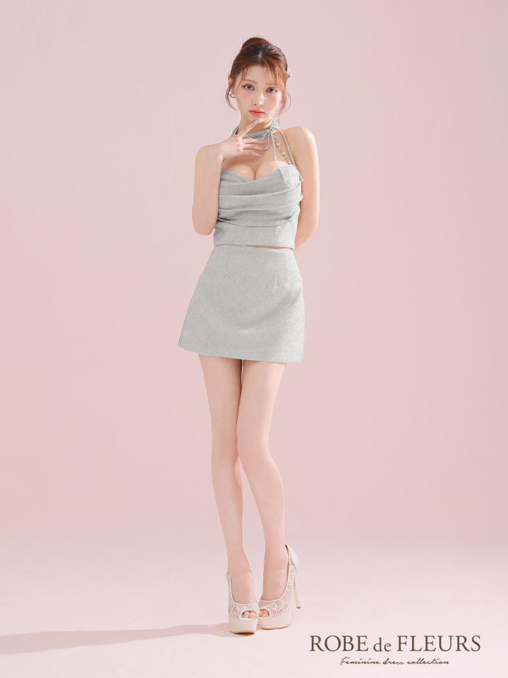  ROBE de FLEURS ローブドフルール ラメニットリボンホルターセットアップタイトミニキャバドレス fm3772-c