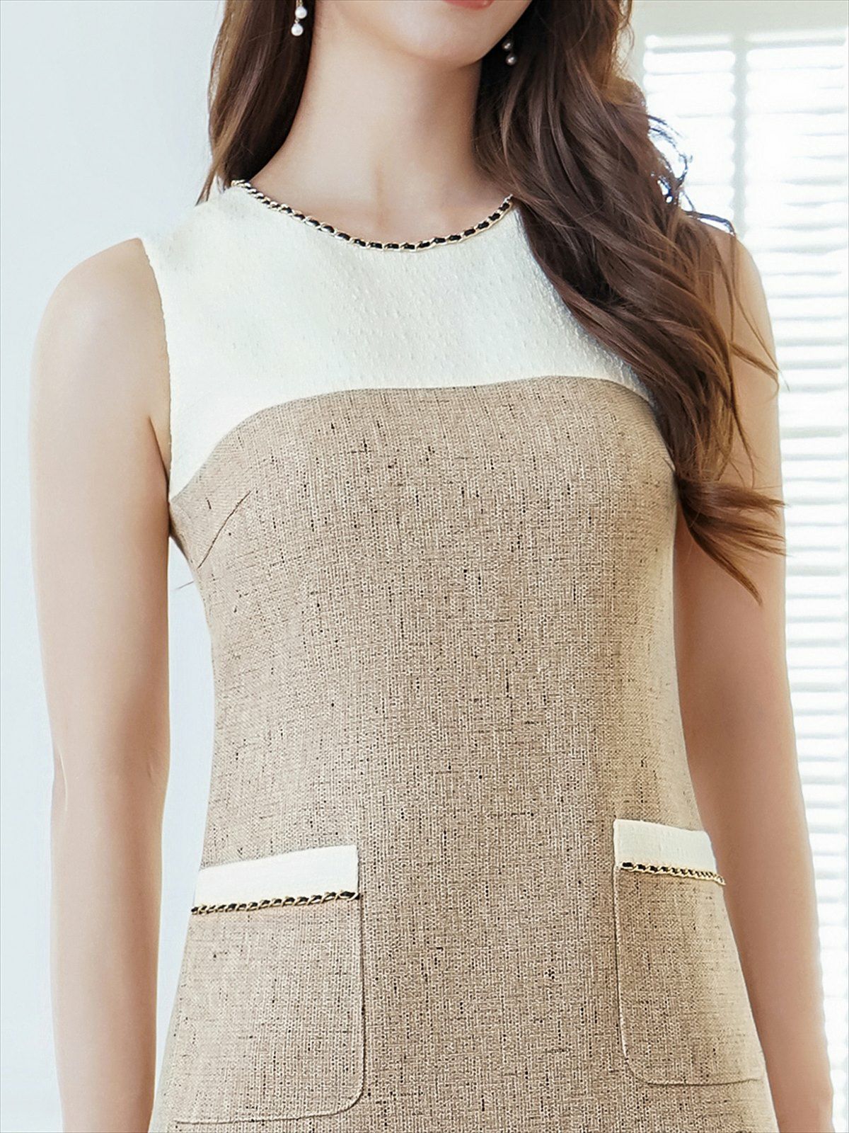 ERUKEI エルケイ バイカラー・チェーン・ポケット・ノースリーブ・タイト・ミニドレス・ワンピース ek-c24175