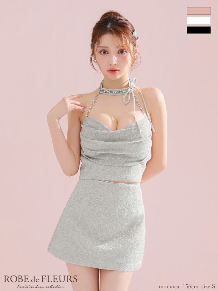 ROBE de FLEURS ローブドフルール ラメニットリボンホルターセットアップタイトミニキャバドレス fm3772