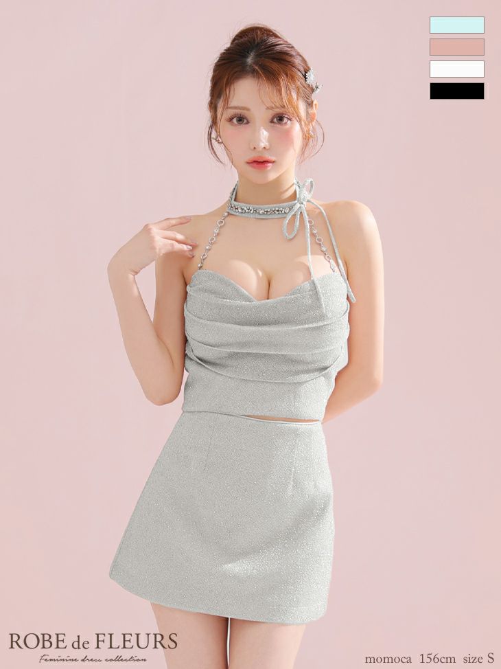 ROBE de FLEURS ローブドフルール ラメニットリボンホルターセットアップタイトミニキャバドレス fm3772