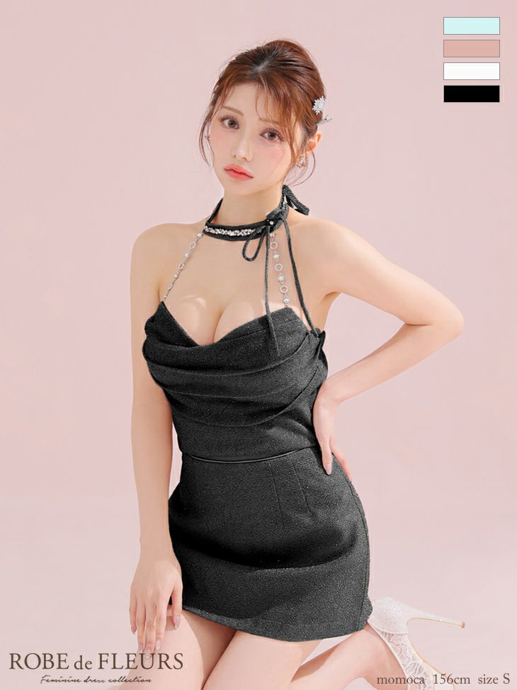 ROBE de FLEURS ローブドフルール ラメニットリボンホルターセットアップタイトミニキャバドレス fm3772