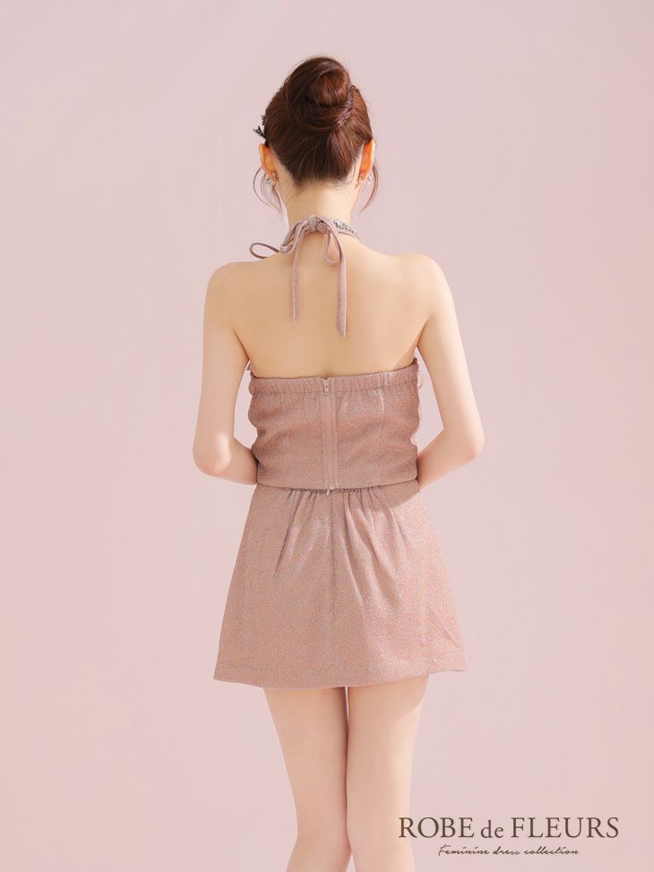 ROBE de FLEURS ローブドフルール ラメニットリボンホルターセットアップタイトミニキャバドレス fm3772