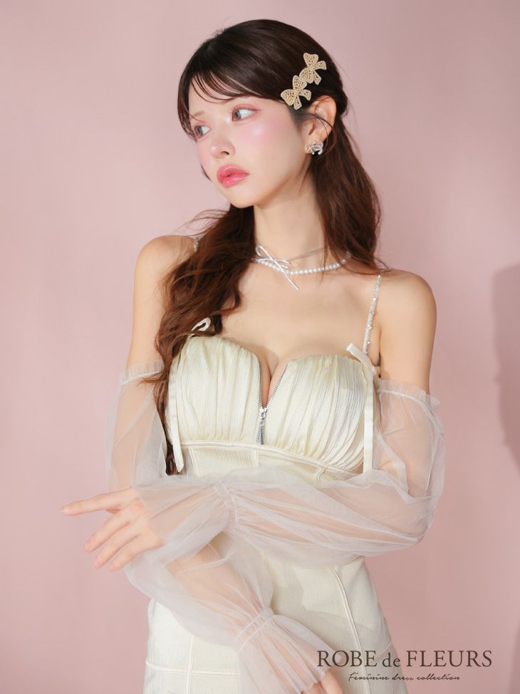 ROBE de FLEURS ローブドフルール ラメチュールシアーオフショルミニキャバドレス fm3566