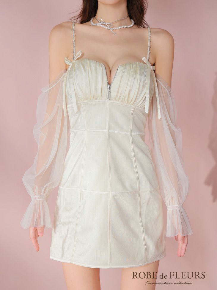 ROBE de FLEURS ローブドフルール ラメチュールシアーオフショルミニキャバドレス fm3566