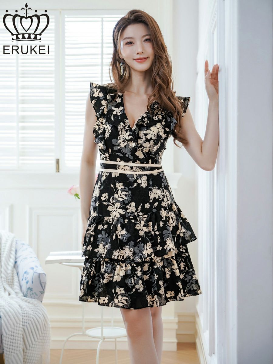 ERUKEI エルケイ ノースリーブ・ティアード・Vネック・フリル・ミニドレス・ワンピース ek-e25055