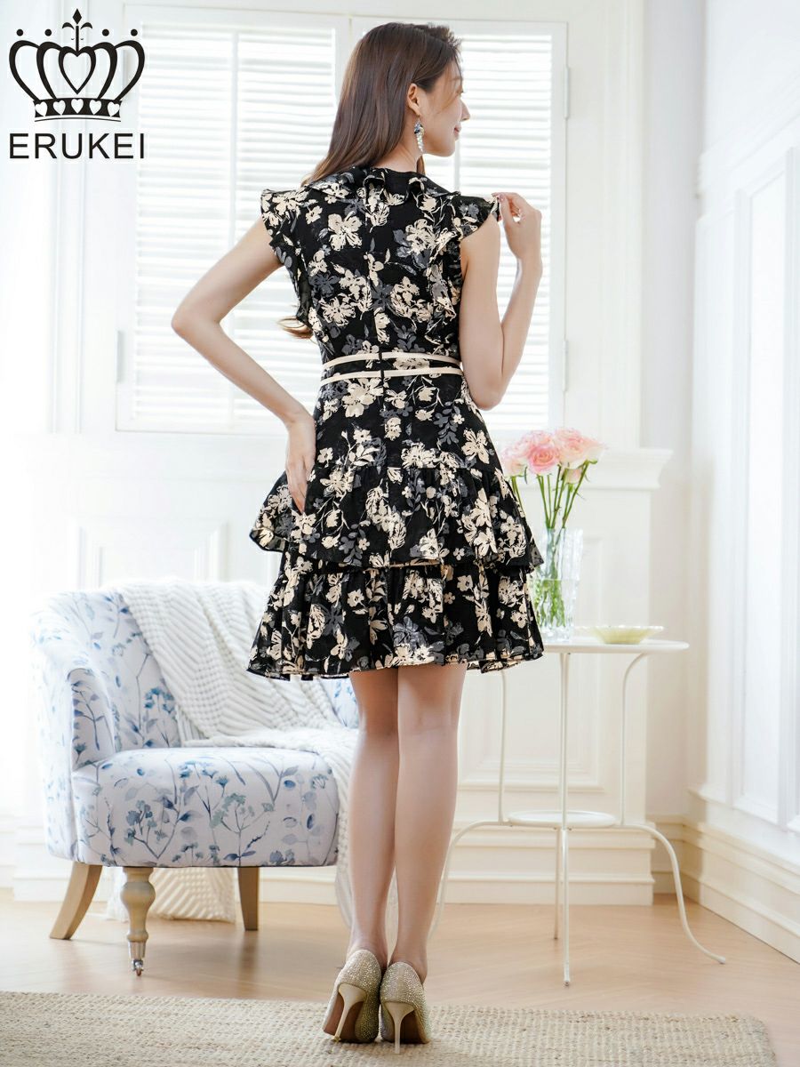 ERUKEI エルケイ ノースリーブ・ティアード・Vネック・フリル・ミニドレス・ワンピース ek-e25055