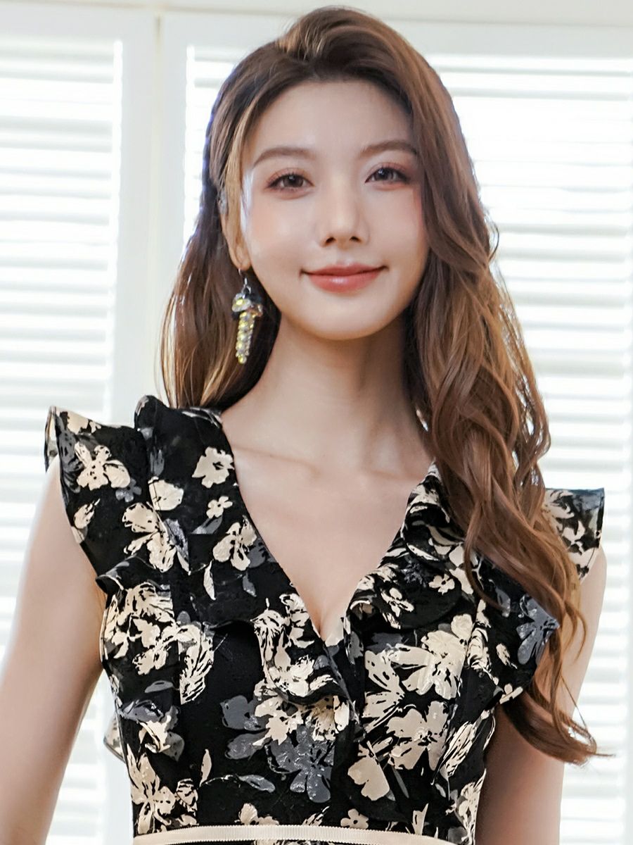 ERUKEI エルケイ ノースリーブ・ティアード・Vネック・フリル・ミニドレス・ワンピース ek-e25055