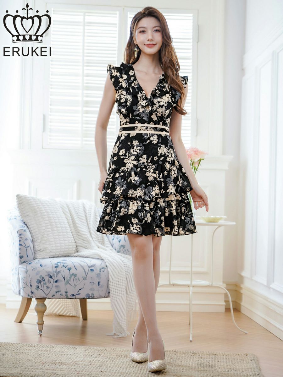 ERUKEI エルケイ ノースリーブ・ティアード・Vネック・フリル・ミニドレス・ワンピース ek-e25055