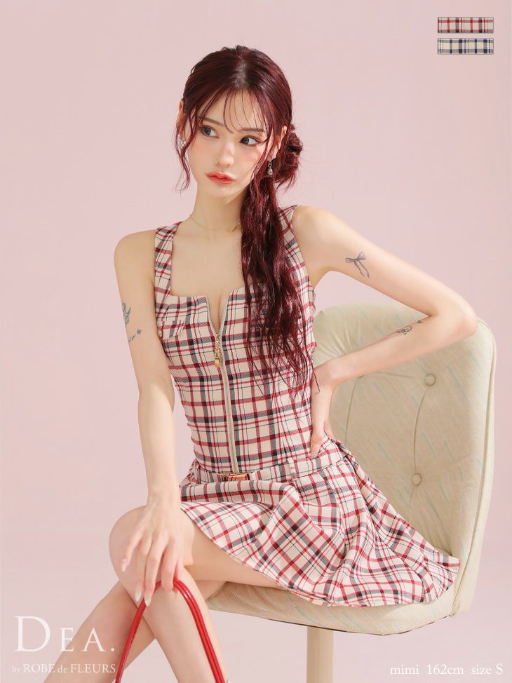 DEA. ディア バイ ローブドフルール チェックノースリーブベルトデザインミニキャバドレス de3390