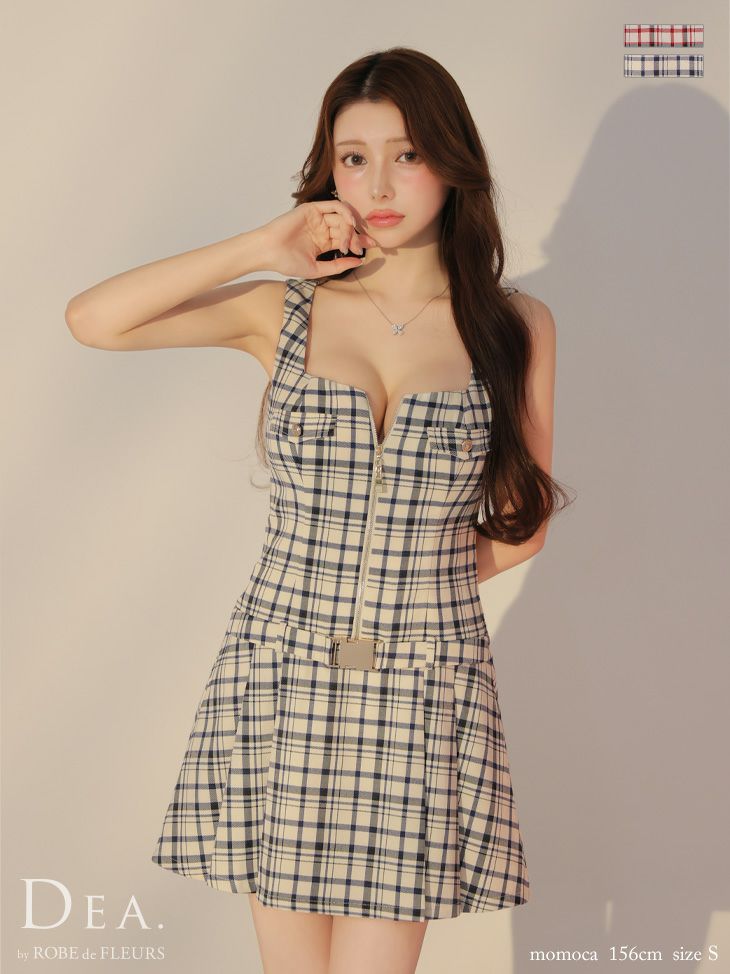 DEA. ディア バイ ローブドフルール チェックノースリーブベルトデザインミニキャバドレス de3390