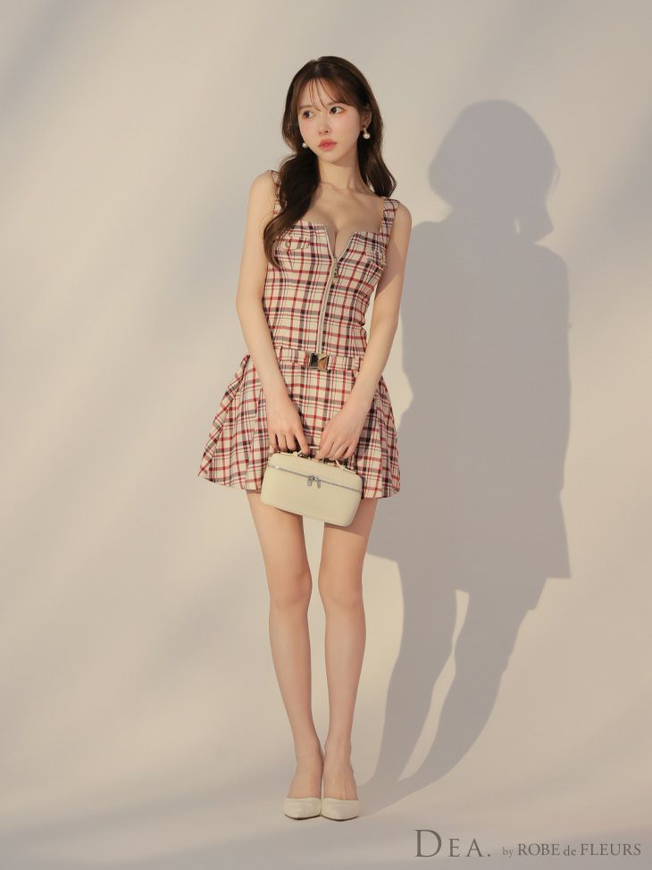 DEA. ディア バイ ローブドフルール チェックノースリーブベルトデザインミニキャバドレス de3390