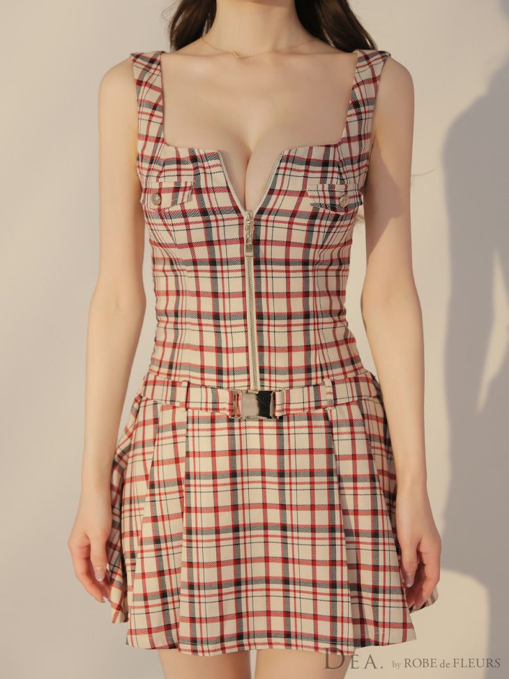 DEA. ディア バイ ローブドフルール チェックノースリーブベルトデザインミニキャバドレス de3390