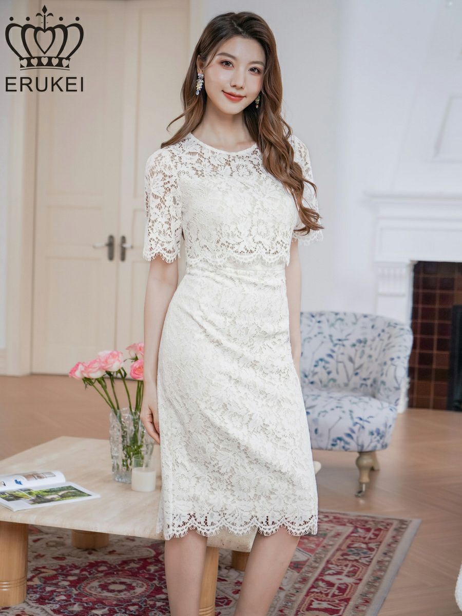 ERUKEI エルケイ 総レース・フラワーレース・半袖・タイト・ミディアムドレス・ワンピース ek-e25052