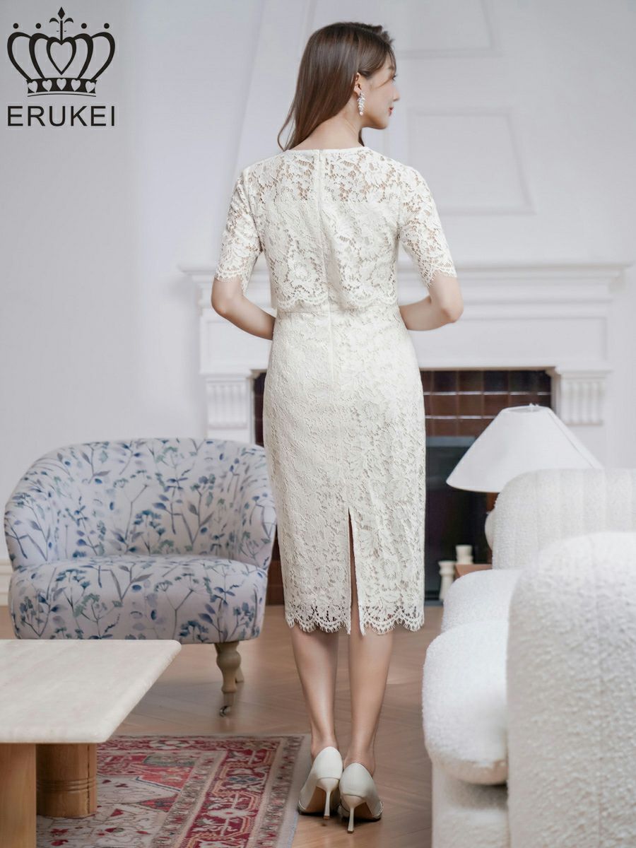ERUKEI エルケイ 総レース・フラワーレース・半袖・タイト・ミディアムドレス・ワンピース ek-e25052