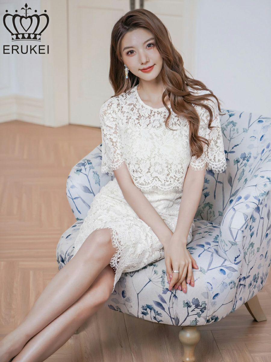 ERUKEI エルケイ 総レース・フラワーレース・半袖・タイト・ミディアムドレス・ワンピース ek-e25052