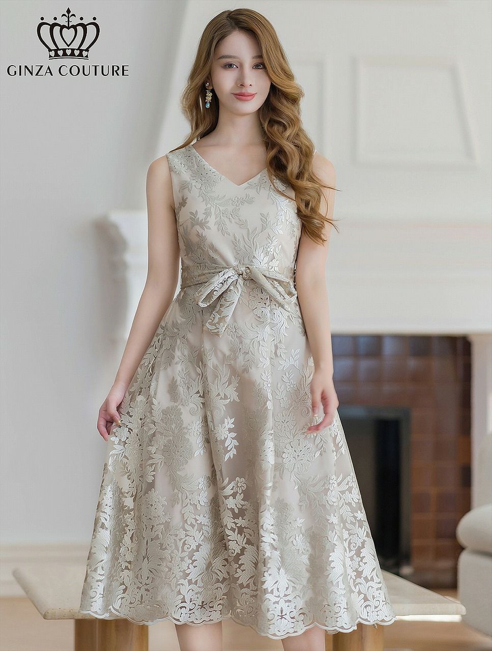 ERUKEI エルケイ 総レース・vネック・ノースリーブ・Aライン・ミディアムドレス・ワンピース ek-c35123