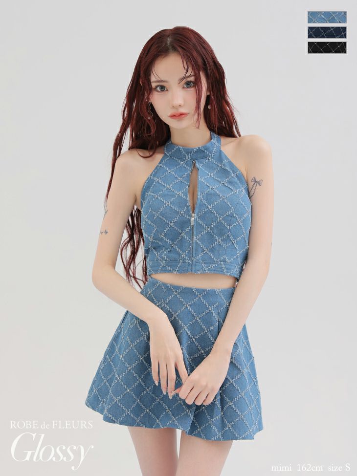 Glossy ローブドフルールグロッシー デニムホルターバストジップフレアミニキャバドレス gl3287-c