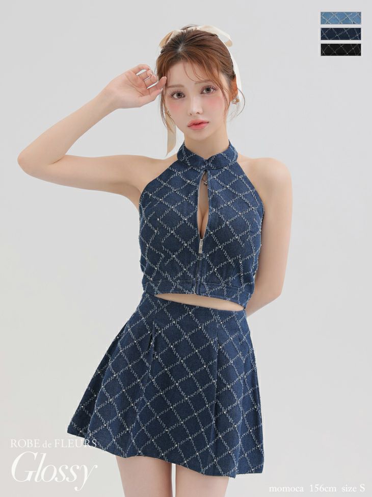 Glossy ローブドフルールグロッシー デニムホルターバストジップフレアミニキャバドレス gl3287-c