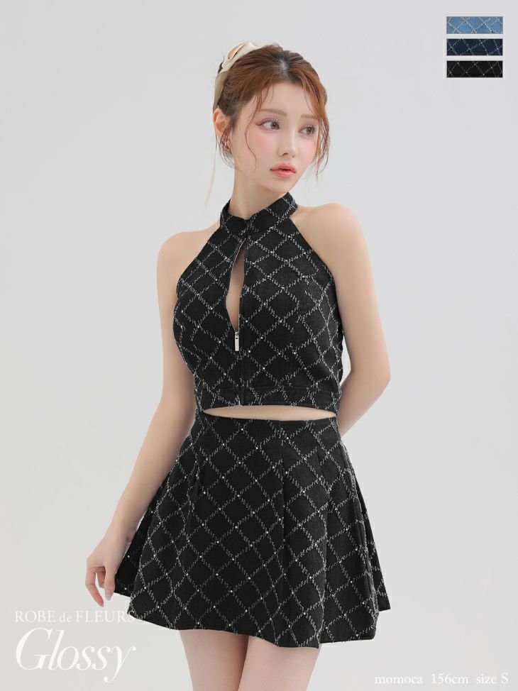 Glossy ローブドフルールグロッシー デニムホルターバストジップフレアミニキャバドレス gl3287-c