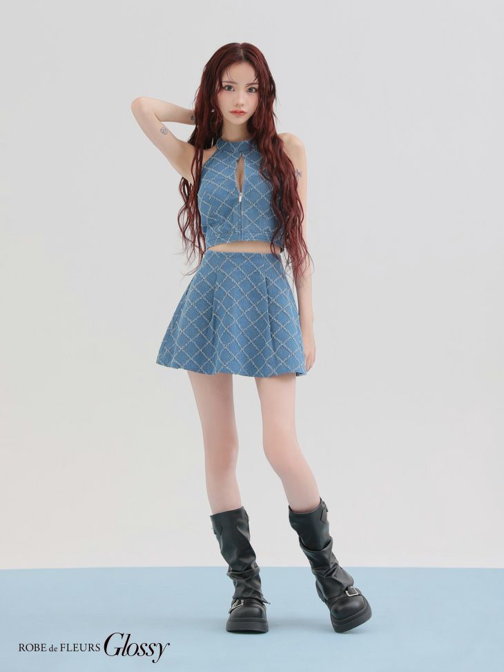 Glossy ローブドフルールグロッシー デニムホルターバストジップフレアミニキャバドレス gl3287-c