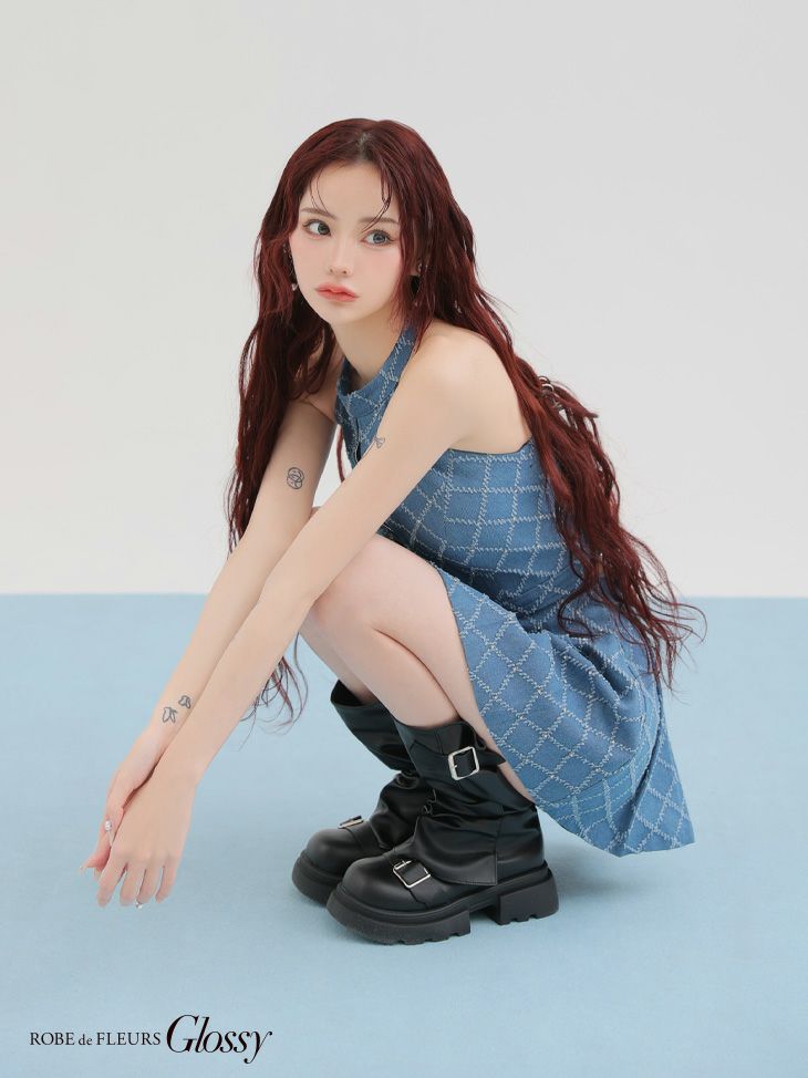 Glossy ローブドフルールグロッシー デニムホルターバストジップフレアミニキャバドレス gl3287-c