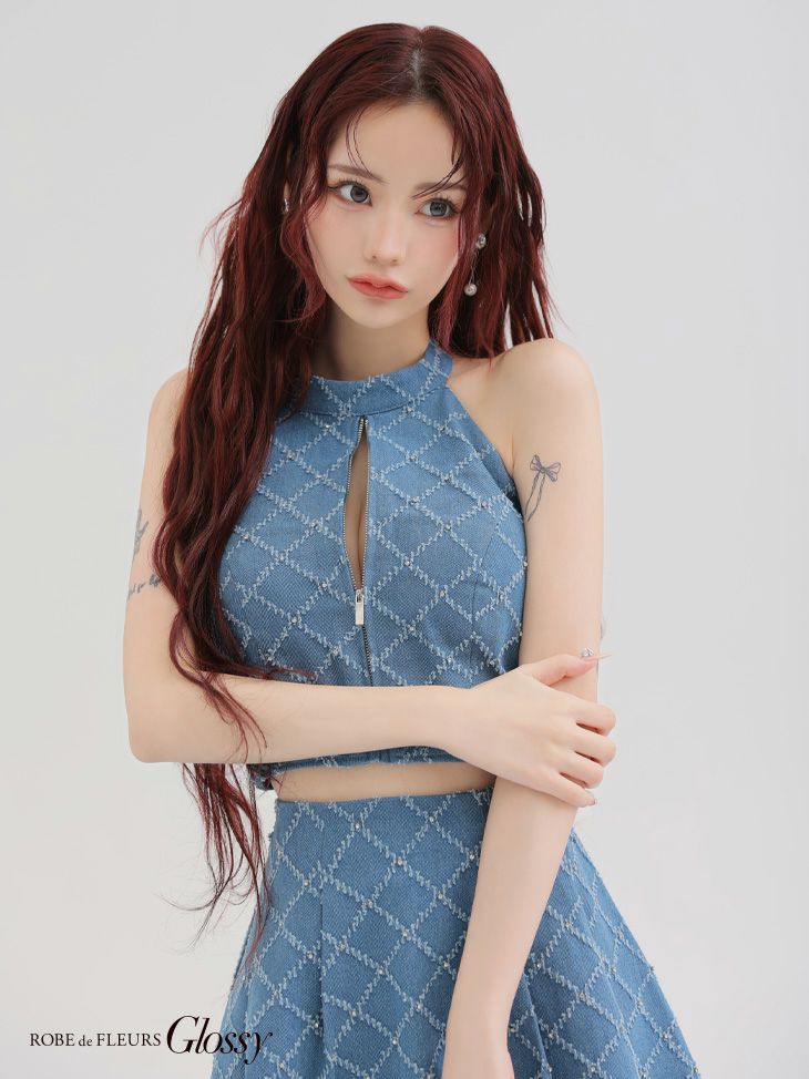 Glossy ローブドフルールグロッシー デニムホルターバストジップフレアミニキャバドレス gl3287-c
