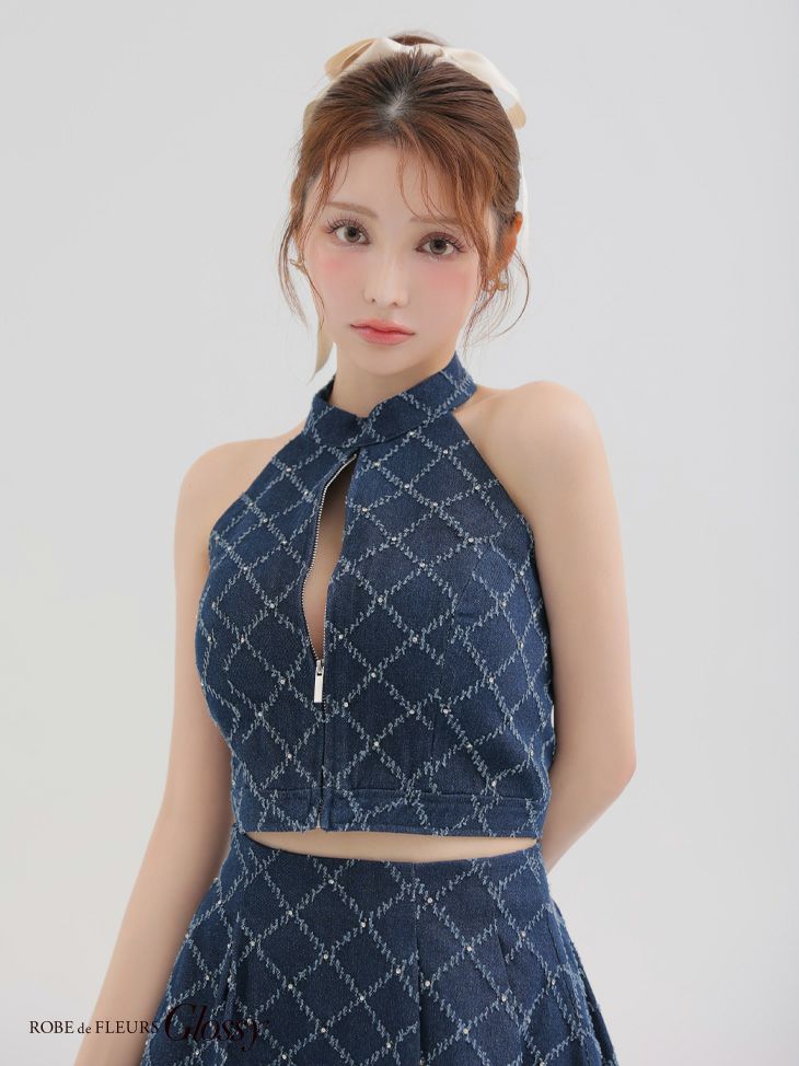 Glossy ローブドフルールグロッシー デニムホルターバストジップフレアミニキャバドレス gl3287-c