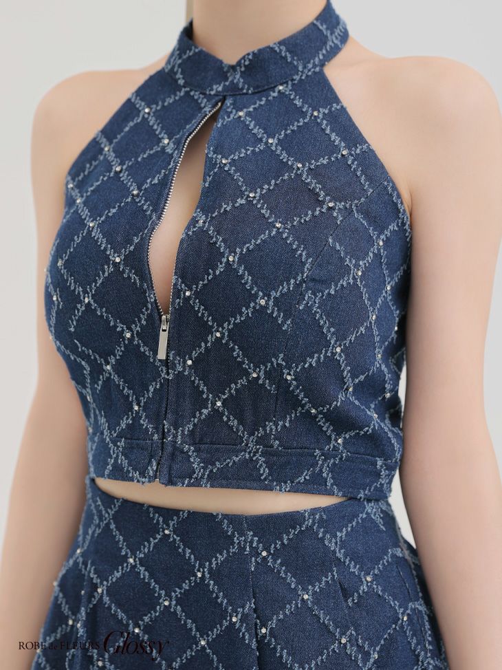 Glossy ローブドフルールグロッシー デニムホルターバストジップフレアミニキャバドレス gl3287-c