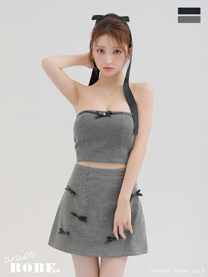 ROBE de FLEURS anier.ROBE ローブドフルール アニエルローブ Leather ribbon denim bare setup mini dress レザーリボンデニムベアトップセットアップミニドレス fm-anier4048-c