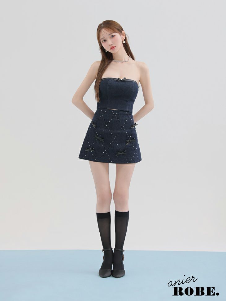 ROBE de FLEURS anier.ROBE ローブドフルール アニエルローブ Leather ribbon denim bare setup mini dress レザーリボンデニムベアトップセットアップミニドレス fm-anier4048-c