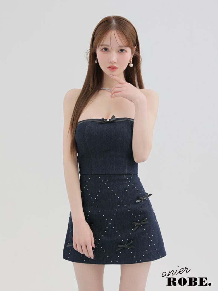 ROBE de FLEURS anier.ROBE ローブドフルール アニエルローブ Leather ribbon denim bare setup mini dress レザーリボンデニムベアトップセットアップミニドレス fm-anier4048-c