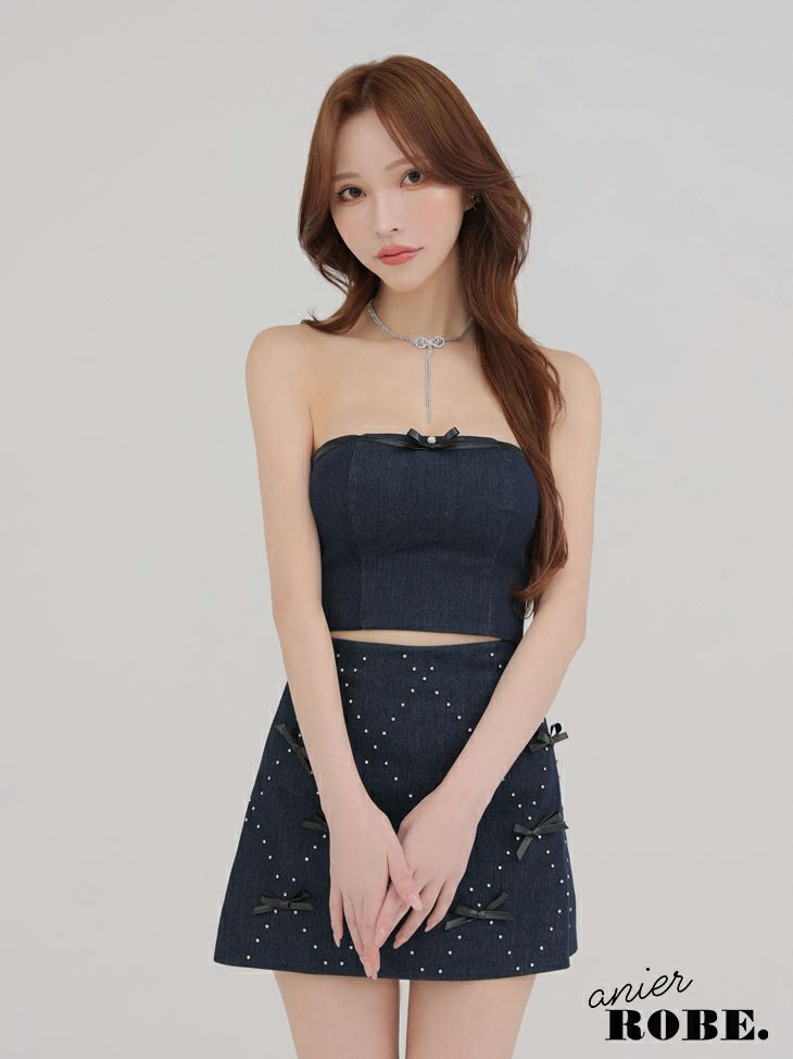 ROBE de FLEURS anier.ROBE ローブドフルール アニエルローブ Leather ribbon denim bare setup mini dress レザーリボンデニムベアトップセットアップミニドレス fm-anier4048-c
