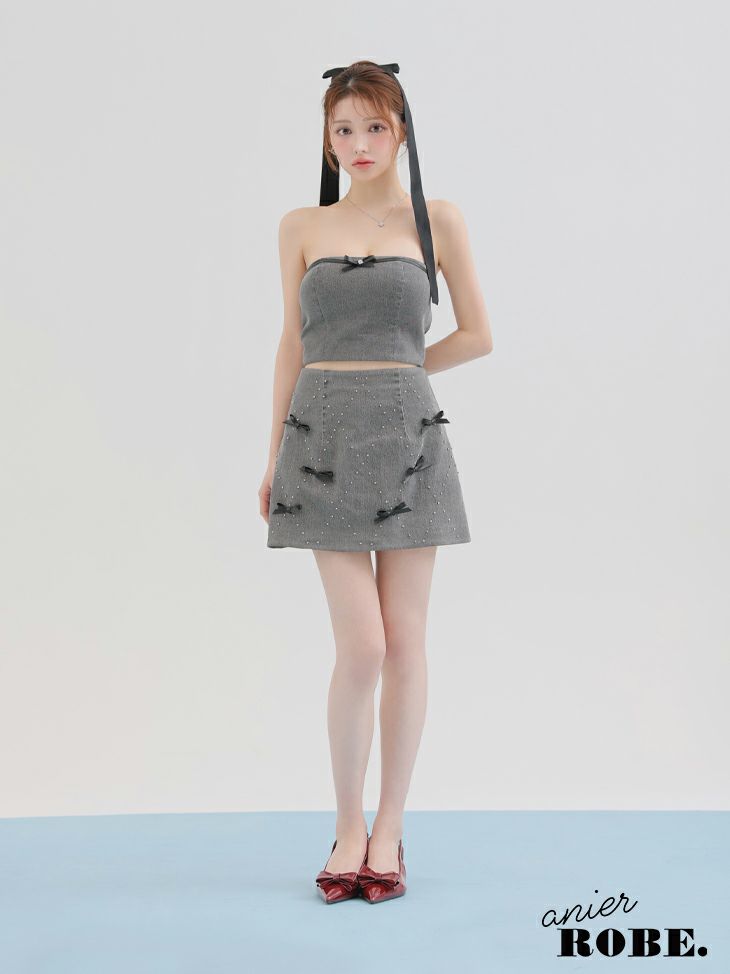 ROBE de FLEURS anier.ROBE ローブドフルール アニエルローブ Leather ribbon denim bare setup mini dress レザーリボンデニムベアトップセットアップミニドレス fm-anier4048-c