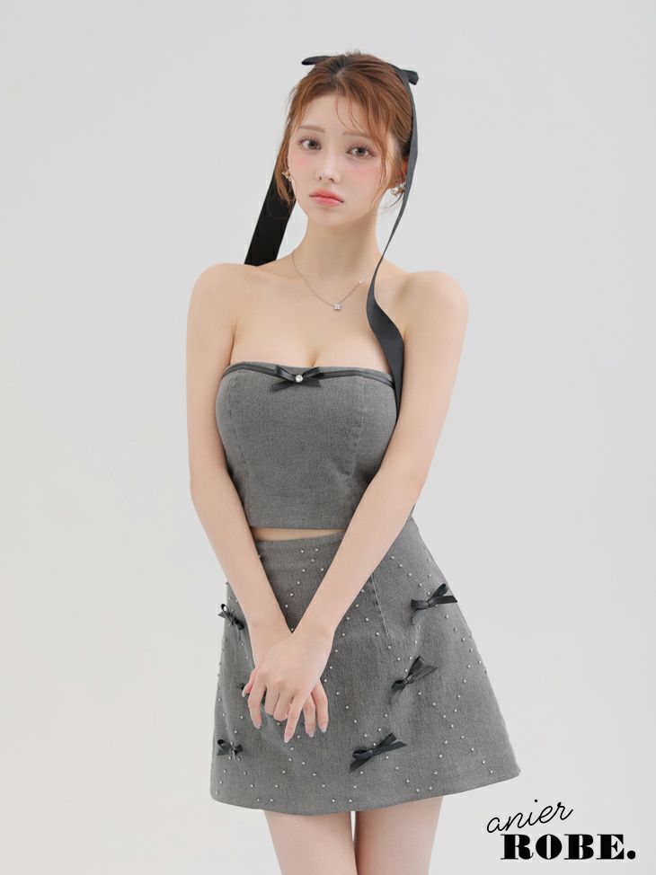 ROBE de FLEURS anier.ROBE ローブドフルール アニエルローブ Leather ribbon denim bare setup mini dress レザーリボンデニムベアトップセットアップミニドレス fm-anier4048-c