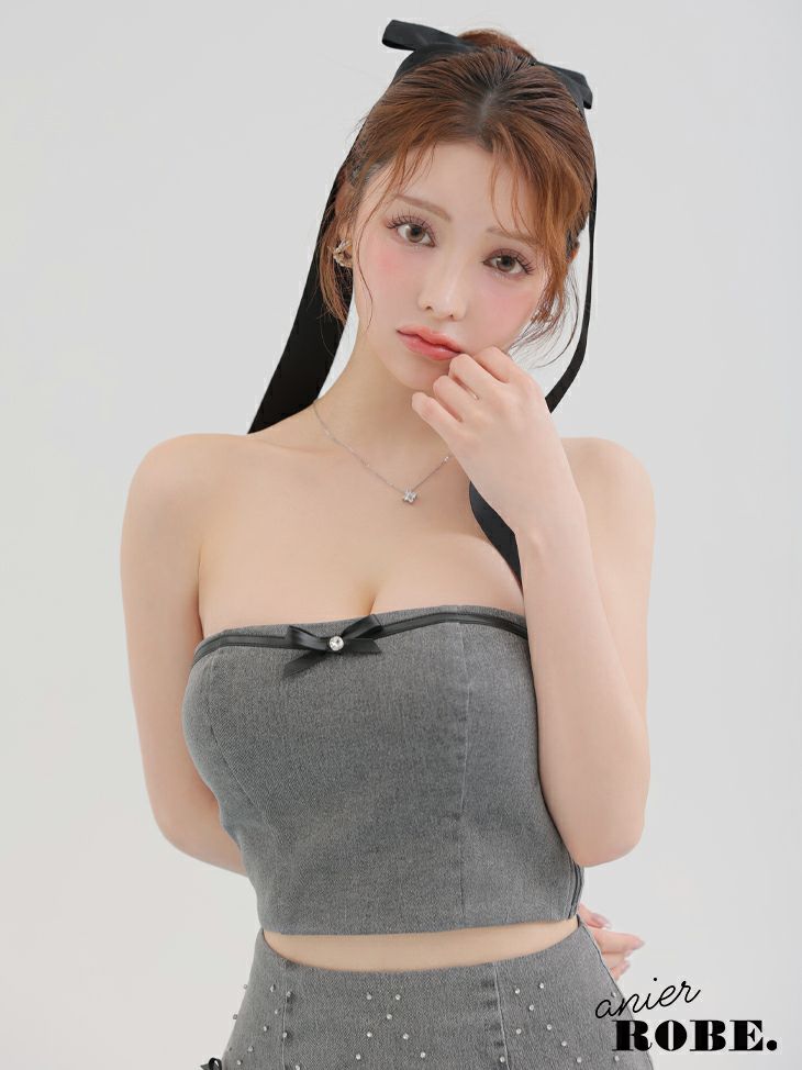 ROBE de FLEURS anier.ROBE ローブドフルール アニエルローブ Leather ribbon denim bare setup mini dress レザーリボンデニムベアトップセットアップミニドレス fm-anier4048-c