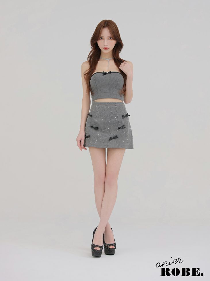 ROBE de FLEURS anier.ROBE ローブドフルール アニエルローブ Leather ribbon denim bare setup mini dress レザーリボンデニムベアトップセットアップミニドレス fm-anier4048-c