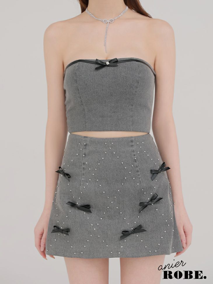 ROBE de FLEURS anier.ROBE ローブドフルール アニエルローブ Leather ribbon denim bare setup mini dress レザーリボンデニムベアトップセットアップミニドレス fm-anier4048-c
