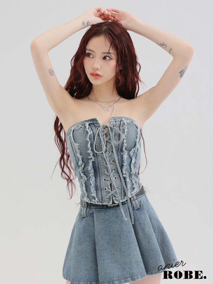 ROBE de FLEURS anier.ROBE ローブドフルール アニエルローブ Denim race up belt setup mini dress デニムレースアップベルトセットアップミニドレス fm-anier4049-c