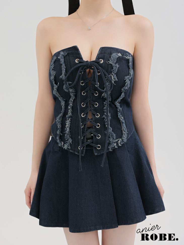 ROBE de FLEURS anier.ROBE ローブドフルール アニエルローブ Denim race up belt setup mini dress デニムレースアップベルトセットアップミニドレス fm-anier4049-c